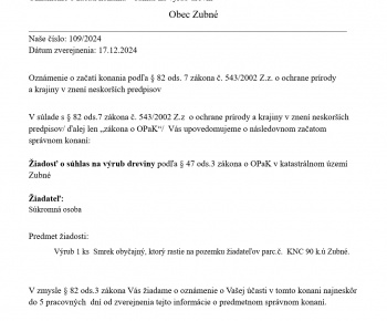 Úradná tabuľa / Oznámenie o začatí konania- povolenie na výrub drevín - foto